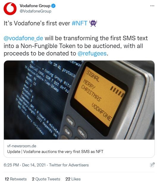 英國沃達豐公司也表示，計劃將拍賣所得全部捐贈給聯(lián)合國難民署，以支持那些被迫逃離家園的人。(圖片來源：英國沃達豐公司社交媒體截圖)