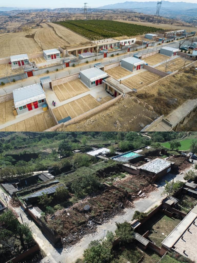 拼版照片，上圖是2022年1月山西省霍州市師莊鄉(xiāng)馮南垣村災(zāi)后恢復(fù)重建后的場景，下圖是2021年10月村莊因?yàn)?zāi)受損的場景。(霍州市委宣傳部供圖)
