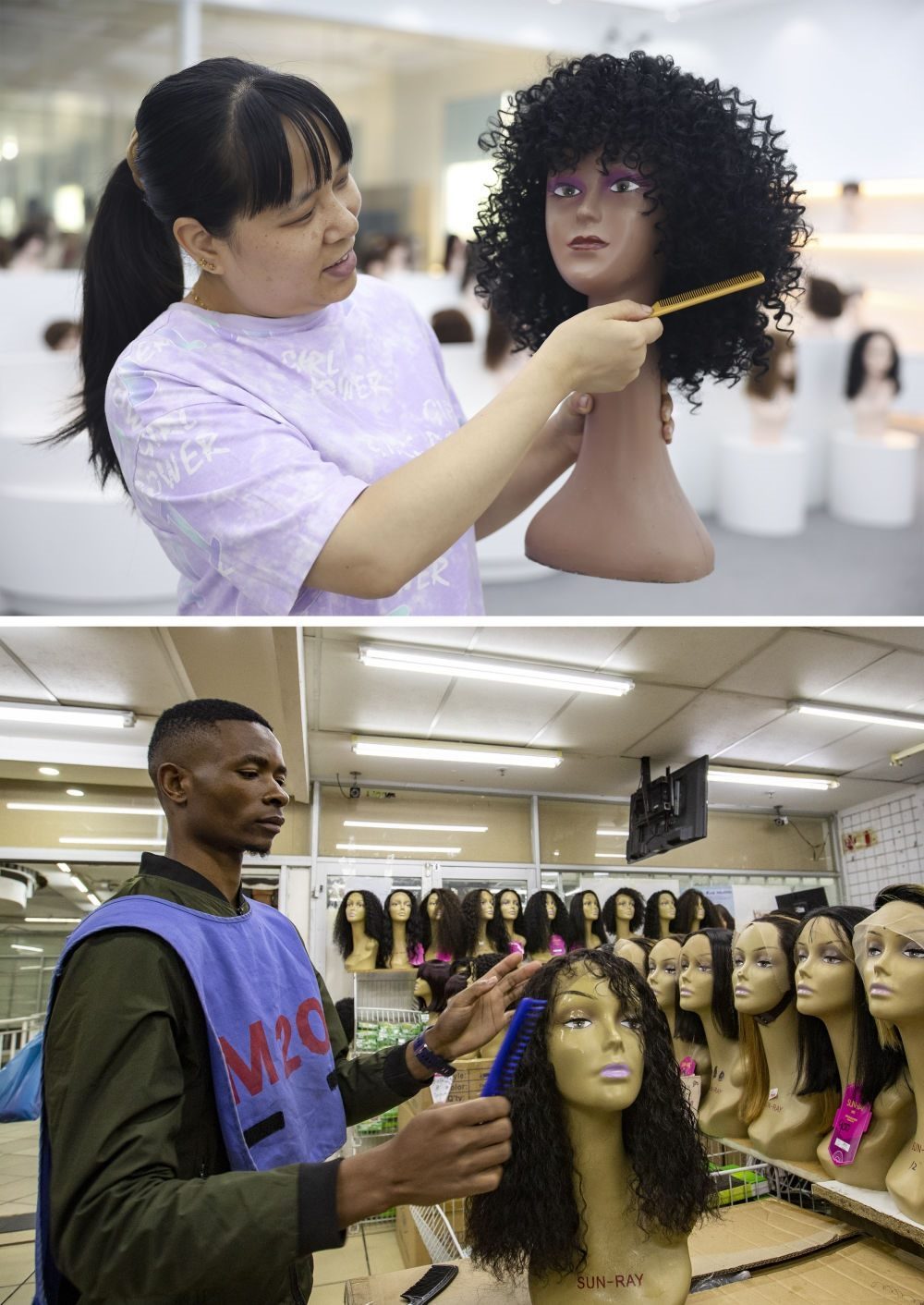 拼版照片：上圖為2023年5月25日，工人在湖南邵陽陽光發(fā)品有限公司展廳展示假發(fā)（新華社記者薛宇舸攝）；下圖為2023年6月9日，一名店員在湖南邵陽陽光發(fā)品有限公司位于南非約翰內(nèi)斯堡的店鋪內(nèi)展示假發(fā)（新華社記者張譽(yù)東攝）。新華社發(fā)