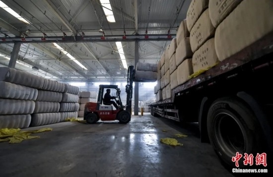 新疆喀什綜合保稅區(qū)，喀什啟路國際貿(mào)易有限公司的倉庫內(nèi)，工人正在裝載從塔吉克斯坦和烏茲別克斯坦進口的棉花。劉新攝