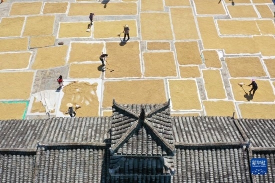 9月16日，村民在貴州省黔東南苗族侗族自治州從江縣剛邊壯族鄉(xiāng)三聯(lián)村晾曬稻谷（無人機照片）。