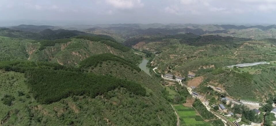 黃土溝壑中的高西溝村滿眼綠色（無人機照片，2023年7月26日）。新華社記者陳昌奇 攝