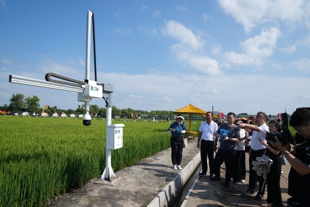 在北大荒集團閆家崗農(nóng)場有限公司農(nóng)業(yè)現(xiàn)代化示范區(qū)，工作人員在介紹利用數(shù)字技術的葉齡診斷儀（2023年8月10日攝）。新華社記者 王建威 攝