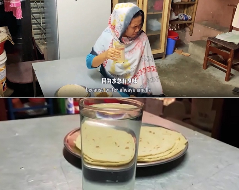 圖為紀(jì)實(shí)短片截圖：上圖為水質(zhì)未改善前，飲用水發(fā)黃渾濁；下圖為水廠建成后，飲用水水質(zhì)明顯改善，清澈透明。