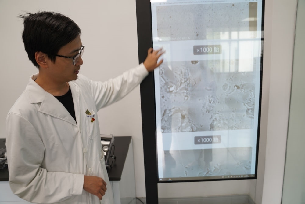 ↑ 工作人員展示瓷片標(biāo)本的配方研究數(shù)據(jù)（2023年5月16日攝）。