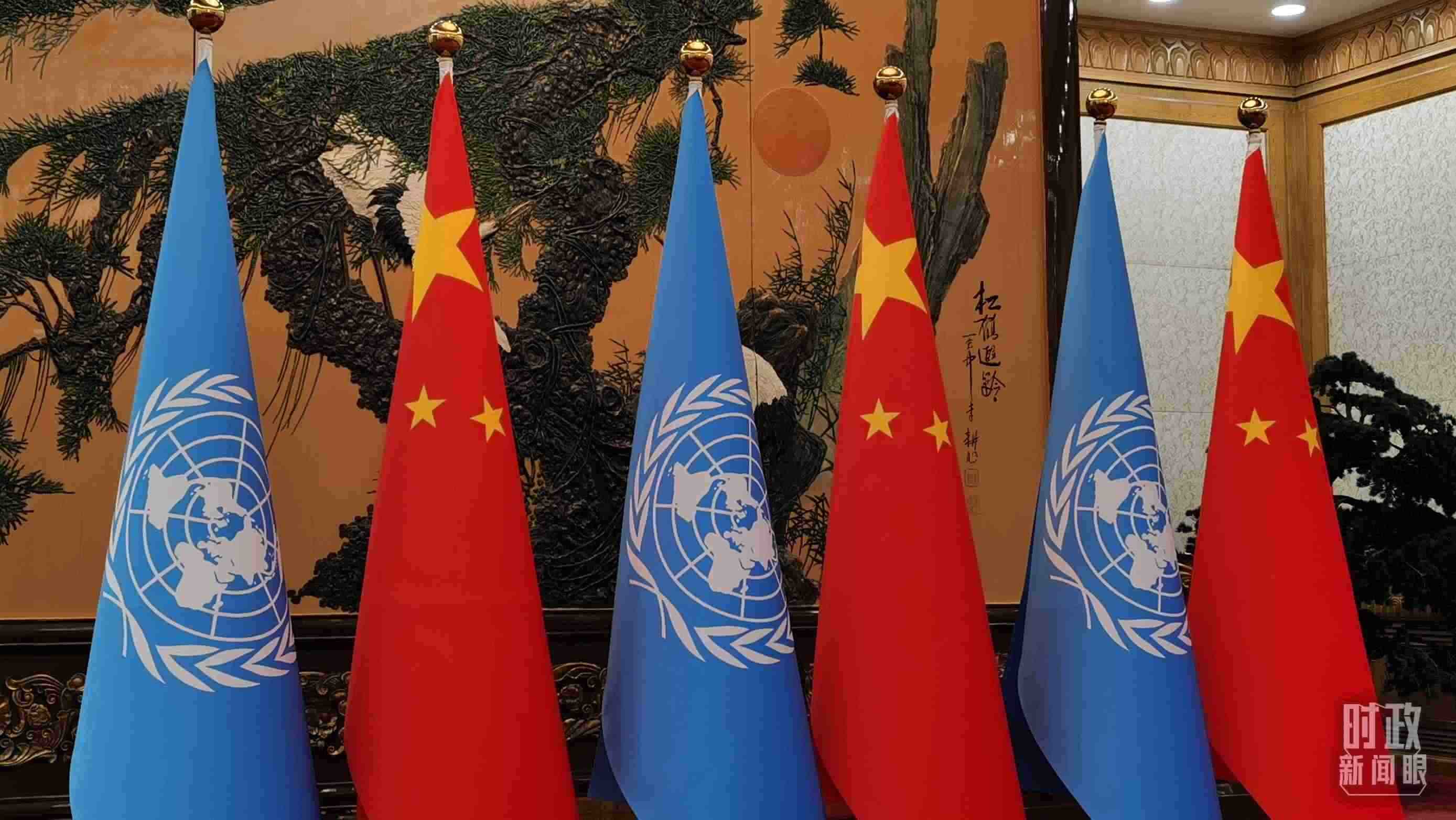 △會見現(xiàn)場的中國國旗和聯(lián)合國旗。（總臺央視記者郭鴻拍攝）
