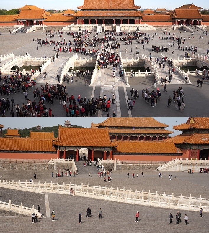 上午9時(shí)和下午13時(shí)的太和門(mén)廣場(chǎng)客流對(duì)比。故宮博物院供圖