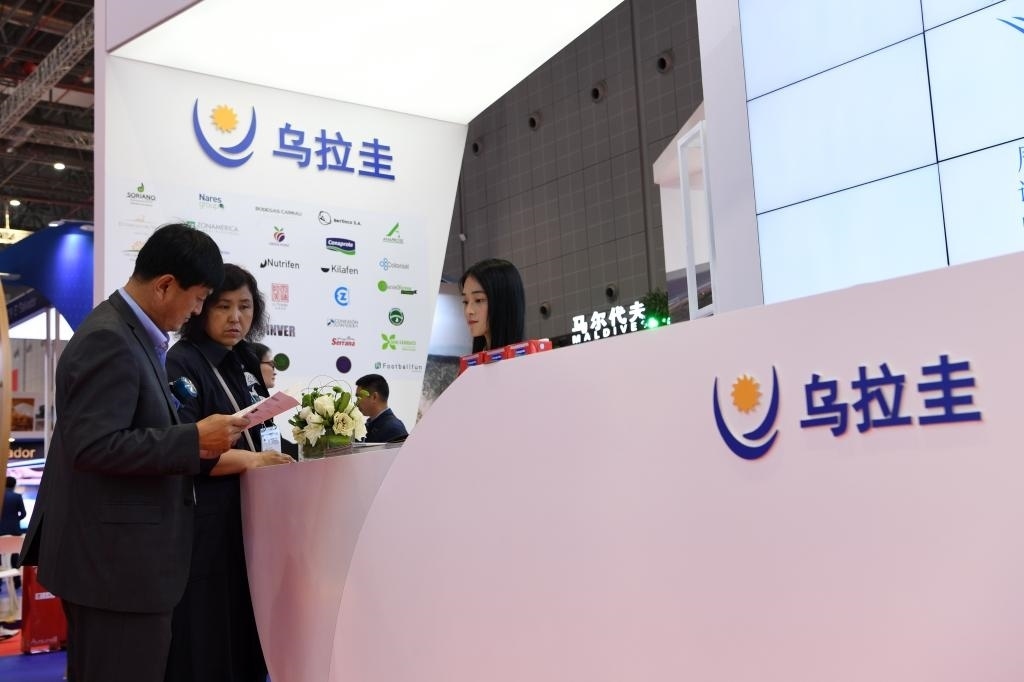 2019年11月6日，參觀者在第二屆進(jìn)博會(huì)烏拉圭國(guó)家館展臺(tái)咨詢。