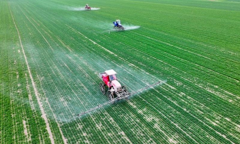 2024年2月18日，安徽省亳州市，利辛縣紀(jì)王場鄉(xiāng)孫老家村麥田，農(nóng)民駕駛自走式高桿噴霧機(jī)對小麥進(jìn)行噴藥作業(yè)。