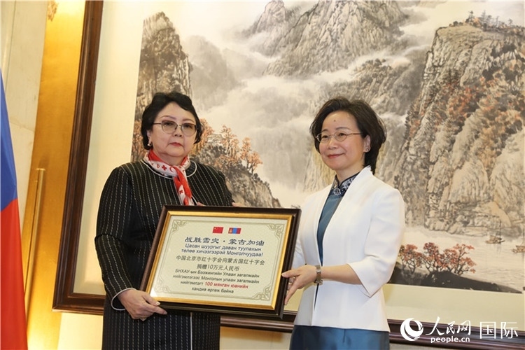 沈大使向?qū)殑跔柆敚ㄗ螅┟貢L轉(zhuǎn)交捐款。人民網(wǎng)記者 霍文攝