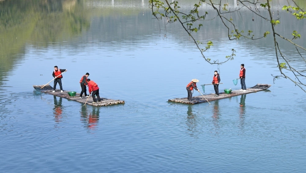 浙江省臺(tái)州市仙居縣步路鄉(xiāng)黨員志愿者與河長(zhǎng)一起在永安溪巡河護(hù)水，清理雜物垃圾（2024年3月20日攝）。新華社發(fā)（王華斌攝）