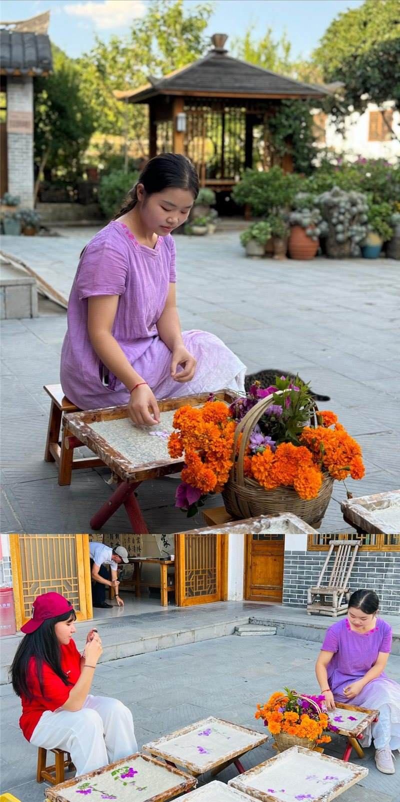 沒(méi)有女生不愛(ài)花。以古法造紙技藝為基礎(chǔ)，再輔以花草枝葉勾勒各式圖案，創(chuàng)作出花茂村獨(dú)具特色的紙漿壓花畫(huà)，少女手中的花是她眼中的風(fēng)景，而她與正在制作的紙漿壓花畫(huà)也是別人眼中的風(fēng)景。（哈薩克斯坦BAQ通訊社高級(jí)記者古爾詹·拉曼庫(kù)洛娃、張亞欣攝）