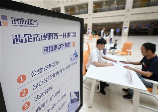 在天津濱海新區(qū)政務(wù)服務(wù)中心，工作人員在“涉企法律服務(wù)一件事”專區(qū)為市民提供服務(wù)（2024年7月31日攝）。新華社記者 趙子碩 攝
