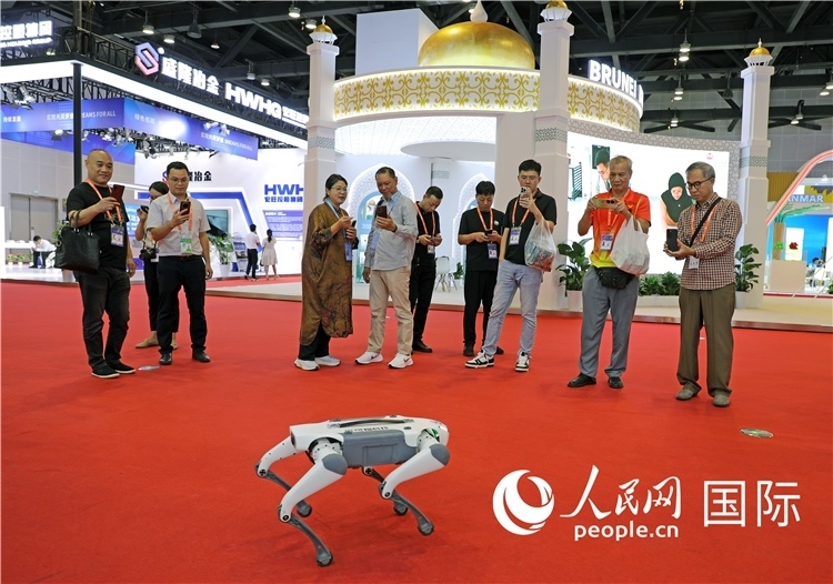 東博會(huì)上，觀眾正在參觀一只機(jī)器狗。綠色能源、新能源汽車(chē)、綠色農(nóng)產(chǎn)品等成為本屆東博會(huì)觀眾關(guān)注的焦點(diǎn)。人民網(wǎng)記者 趙益普攝