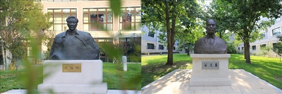 拼版照片：左圖為中央黨校（國家行政學(xué)院）校園內(nèi)的焦裕祿雕塑；右圖為中央黨校（國家行政學(xué)院）校園內(nèi)的谷文昌雕塑。