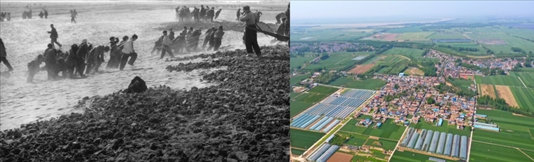 拼版照片：左圖為蘭考群眾在拉淤土壓沙（新華社記者 鄧歷耕 攝）；右圖為2024年4月25日拍攝的蘭考縣張莊村（無人機(jī)照片，新華社記者 郝源 攝）。