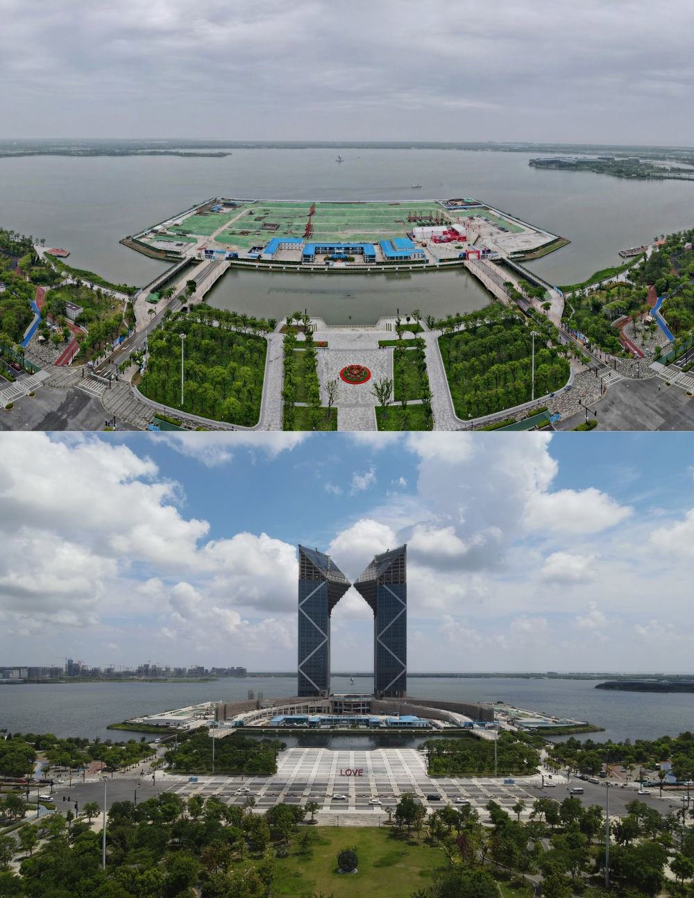 拼版照片：空中俯瞰中國（上海）自由貿(mào)易試驗區(qū)臨港新片區(qū)滴水湖西島中銀金融中心項目現(xiàn)場（上圖為2021年6月20日攝，無人機照片；下圖為2024年8月14日攝，無人機照片）。2019年8月20日，臨港新片區(qū)揭牌成立，一個開放新高地在長江與東海交匯處日益崛起。