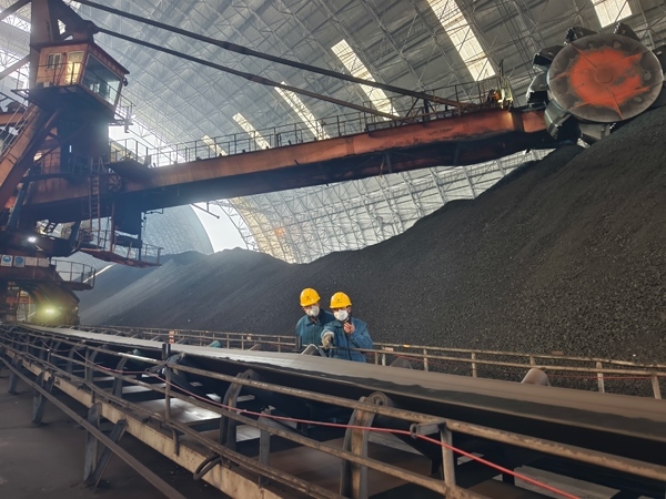 趙善國（右）和同事對電廠煤場進(jìn)行巡檢。受訪者供圖