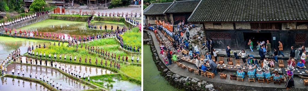 左圖：近期，人們在黎平縣肇興侗寨的田園里演唱侗族大歌（黎平縣委宣傳部供圖）；右圖：這是2023年拍攝的十八洞村長桌宴（湘西州委宣傳部供圖）。