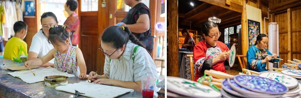 左圖：近期，游客在黎平縣肇興侗寨體驗非遺蠟染藝術(shù)（黎平縣委宣傳部供圖）；右圖：這是2024年拍攝的繡娘在十八洞村梨子寨苗繡鄉(xiāng)村振興示范基地制作苗繡產(chǎn)品（湘西州委宣傳部供圖）。