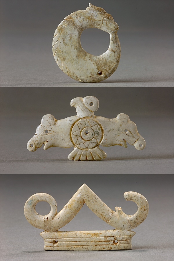 玉龍（上）、玉鷹（中）和玉冠飾（下）。國家文物局供圖