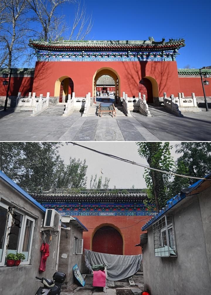 位于先農(nóng)壇內(nèi)的慶成宮，曾長時間被雜亂的民居占據(jù)。在北京中軸線申遺保護工作的帶動下，北京完成了慶成宮區(qū)域文物征收騰退、非文物建筑拆除、彩畫保護、本體修繕、展覽布陳等，讓560多年歷史的古建群重新回歸。2024年12月，北京中軸線上先農(nóng)壇內(nèi)的慶成宮首次面向社會公眾開放。上圖為騰退修繕后的慶成宮內(nèi)宮門（資料照片）；下圖為翻拍的慶成宮內(nèi)宮門騰退修繕前的資料照片（2024年12月21日攝）。